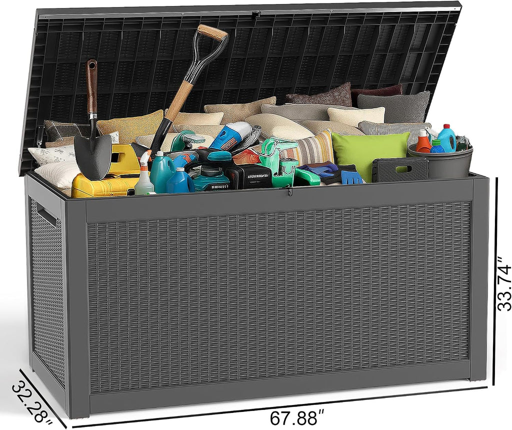 ROJIK Outdoor Storage Housing Deck Box - Waterproof Patio Furniture, Garden Tools, Cushions, Pool Accessories Storage Bench with Lockable Lid and Side Handles (Black, 315 Gal)