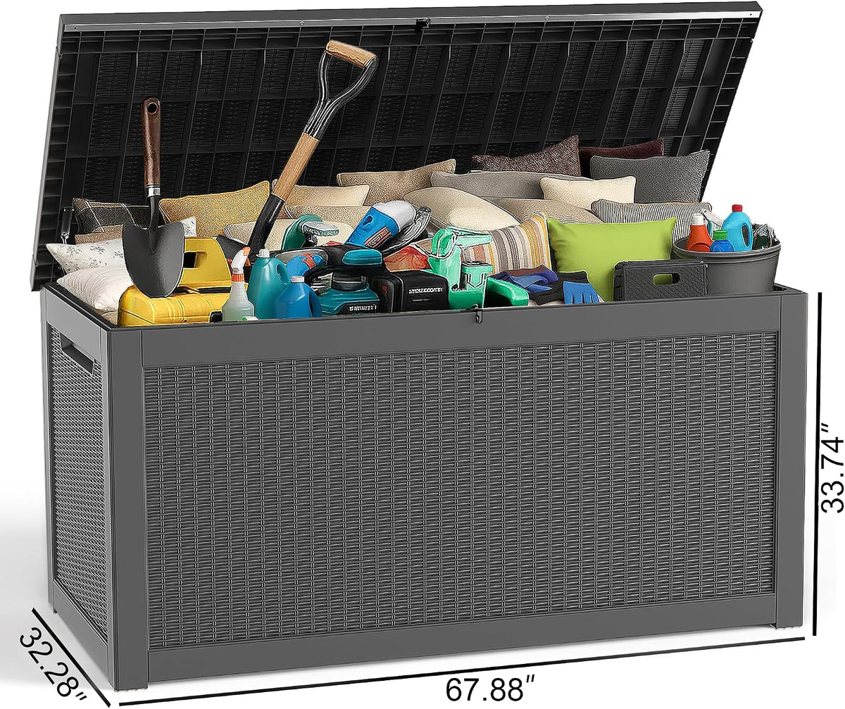 ROJIK Outdoor Storage Housing Deck Box - Waterproof Patio Furniture, Garden Tools, Cushions, Pool Accessories Storage Bench with Lockable Lid and Side Handles (Black, 315 Gal)