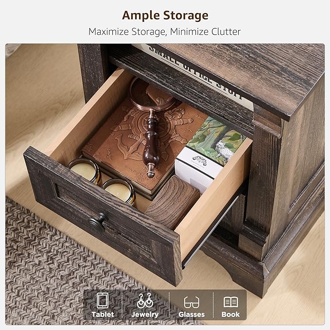 Farmhouse Nightstand with Charging Station, Wooden Sofa Side Table w/Roman