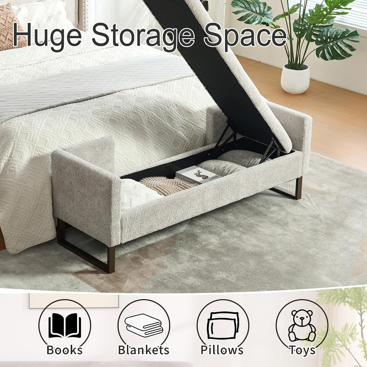 64" W Storage Benches End of Bed Bench, Light Gray