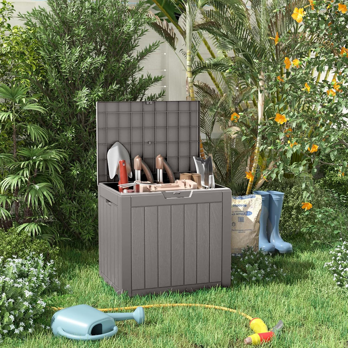35 gallon outdoor storage box, large resin deck on a desk or shelf