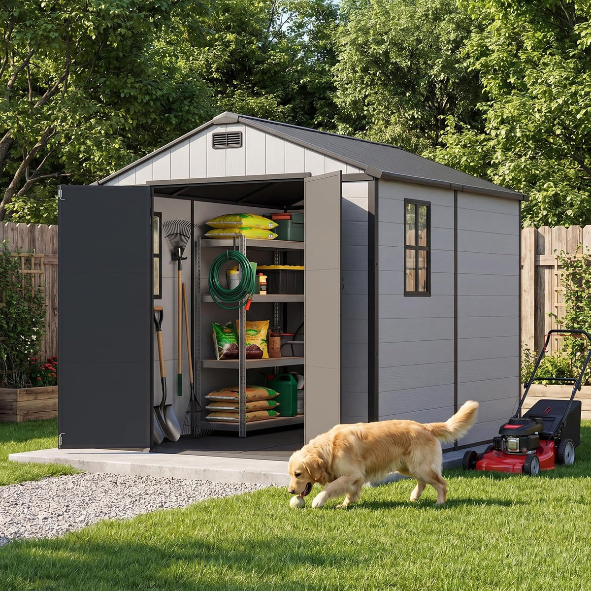 greesum 8x8ft resin outdoor storage shed with floor, package contents