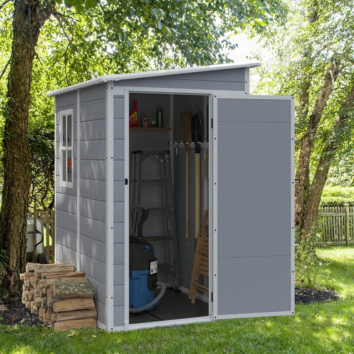 jummico outdoor storage shed, 5 x 4 ft shown in use