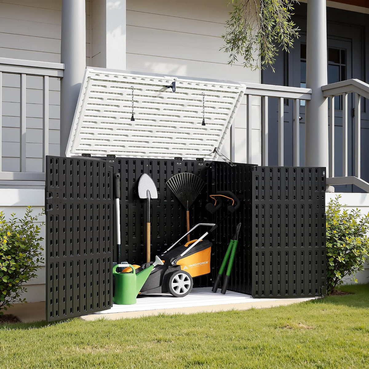 Greesum Outdoor Trash Can Storage Shed, 34 Cu.ft Waterproof Horizontal Storage Shed, Portable Horizontal Resin Storage Shed for Garden, Backyard, Patio, Dark Black