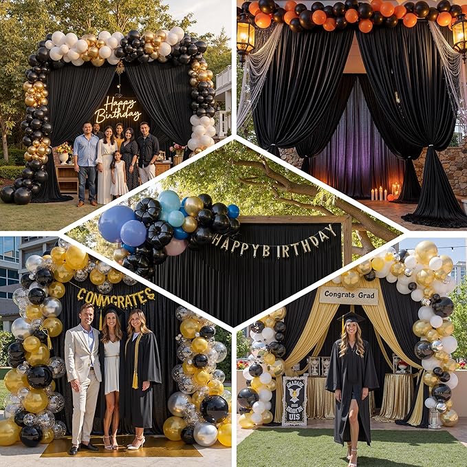 PartyVillage 60ft×15ft Black Backdrop Curtain for Halloween Parties, 12 Panels Wrinkle Free 15 FT Long Polyester Photo Backdrop Drapes Back Drop Cloth for Birthday Photography Background