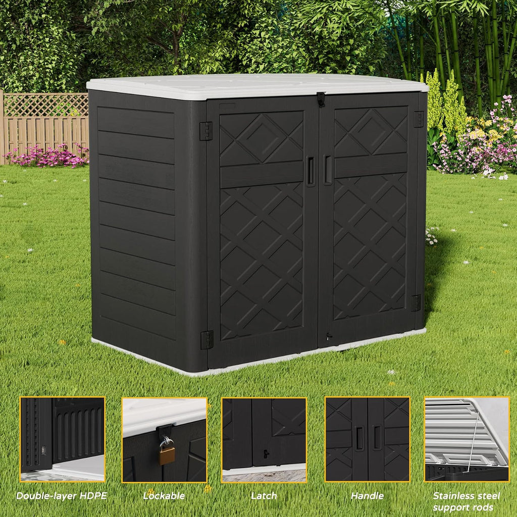 mrosaa resin outdoor storage shed, 38 cu.ft outdoor showing dimensions