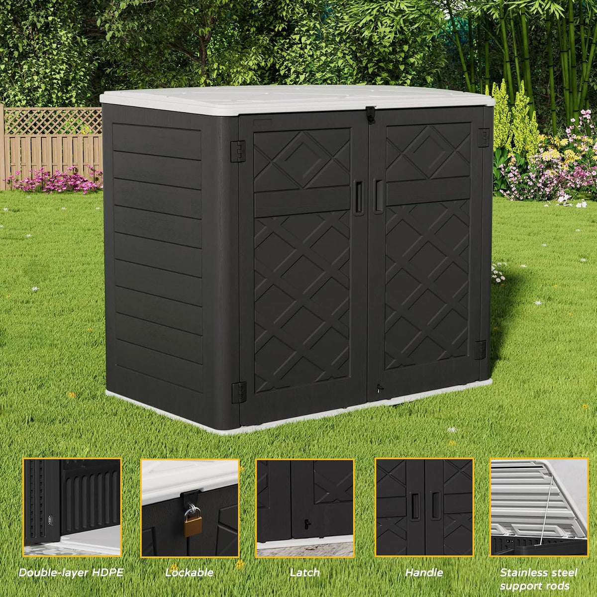 mrosaa resin outdoor storage shed, 38 cu.ft outdoor showing dimensions