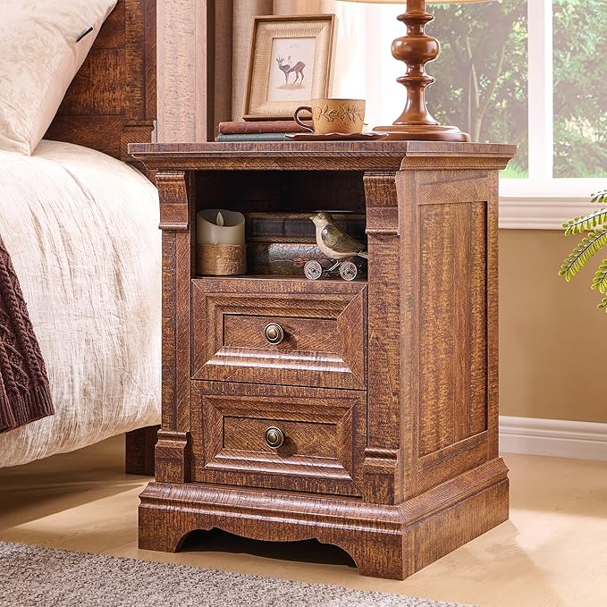 Farmhouse Nightstand with Charging Station, Wooden Sofa Table w/Roman Column