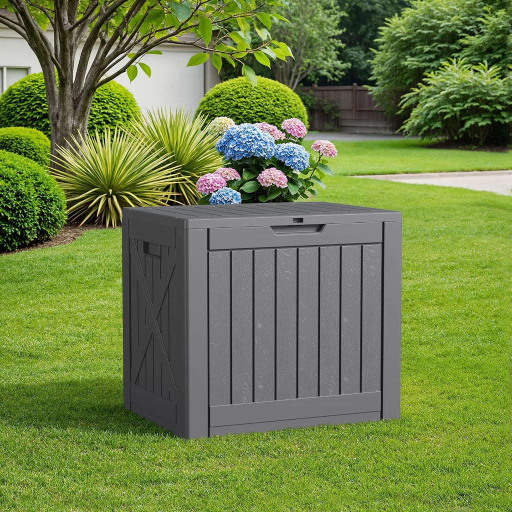 flamaker resin deck box 40 gallon waterproof outdoor on a desk or shelf