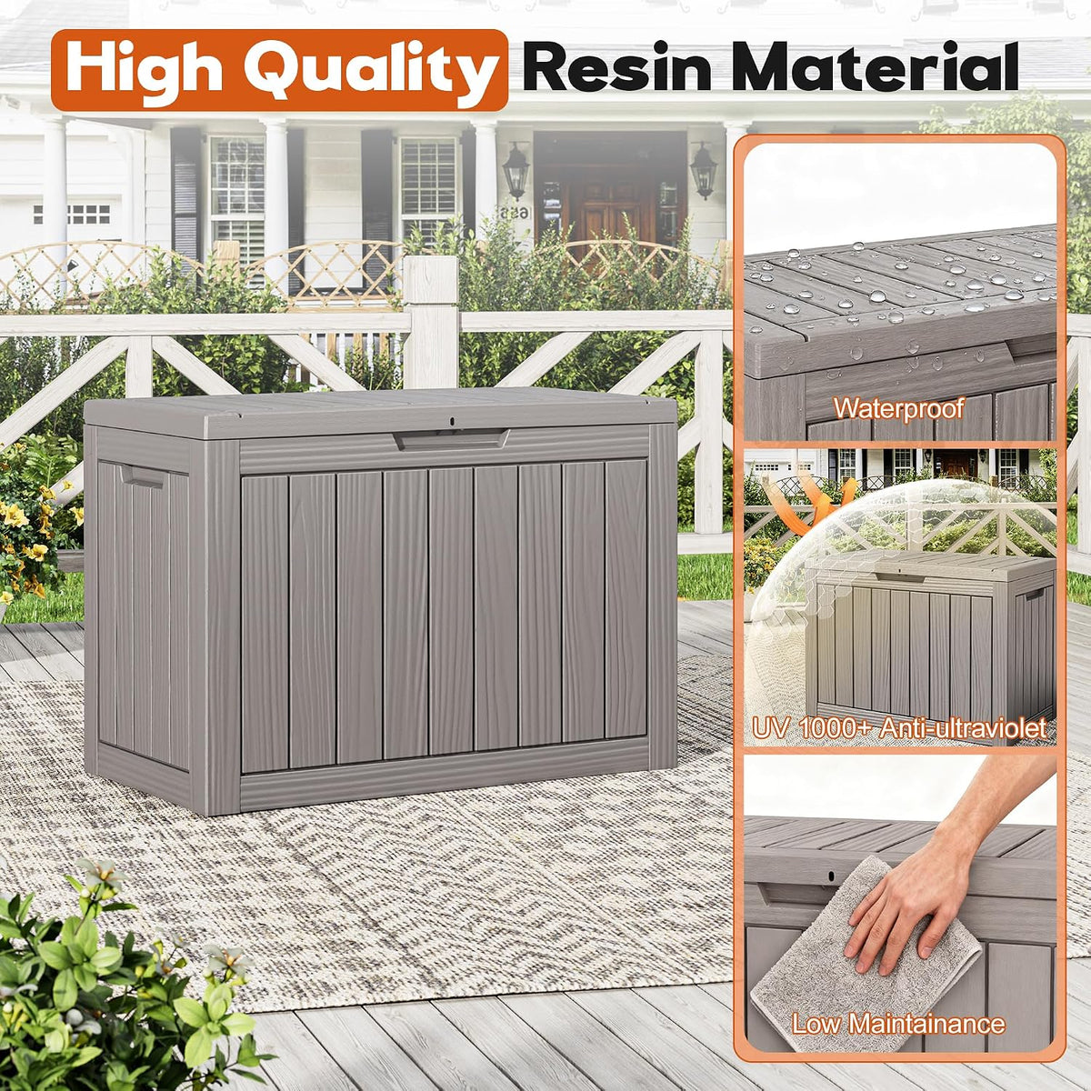 waterproof outdoor storage box, resin patio bin,50 gal,grey, side view