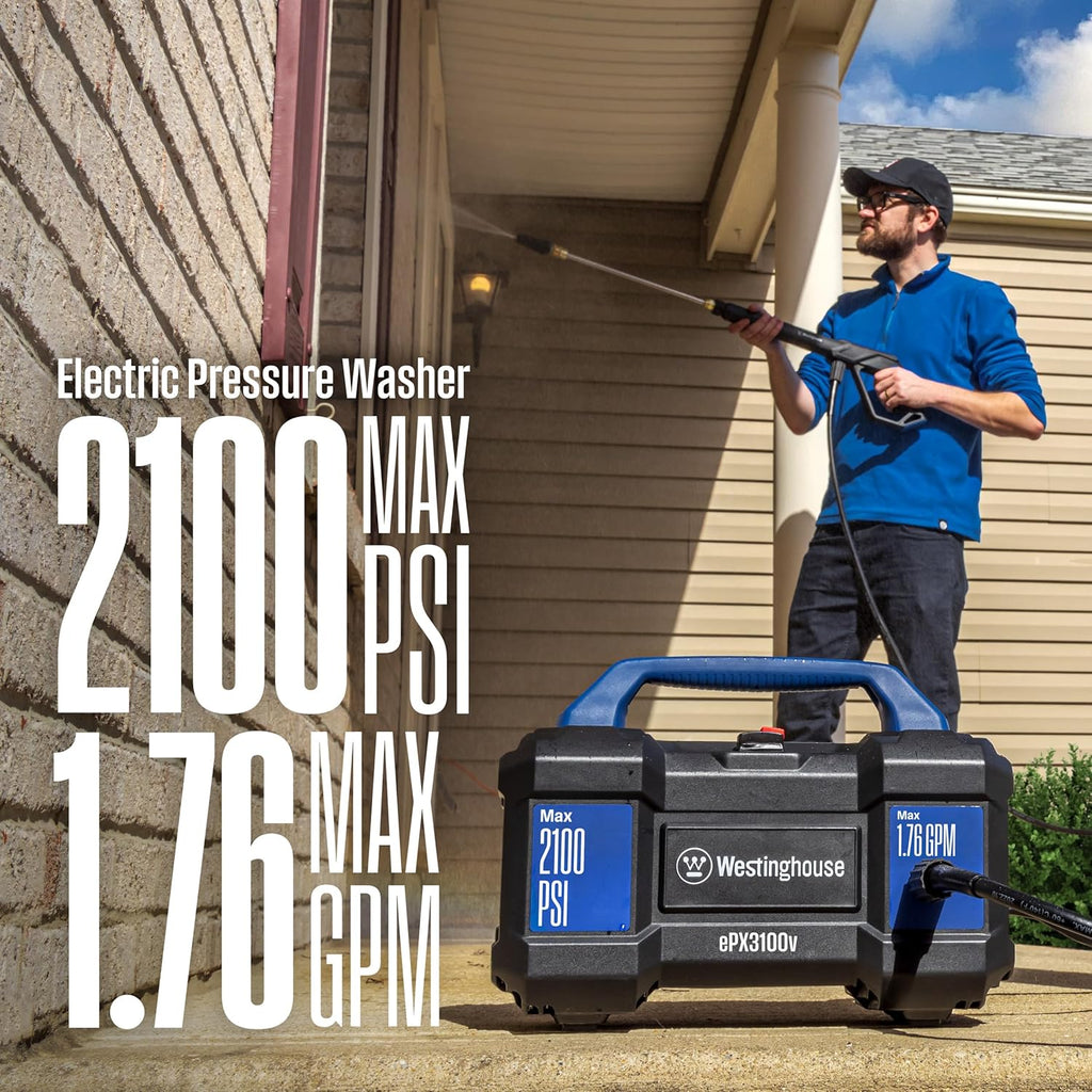 Westinghouse ePX3100v Electric Pressure Washer, 2100 Max PSI 1.76 Max GPM, Built-in Carry Handle, Detachable Foam Cannon, Pro-Style Steel Wand, 3-Nozzle Set, for Cars/Fences/Driveways/Home/Patios