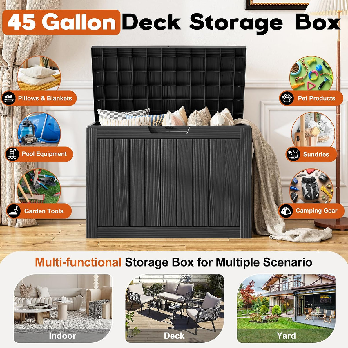 waterproof outdoor storage box, resin patio bin,45 gal,black, close-up detail