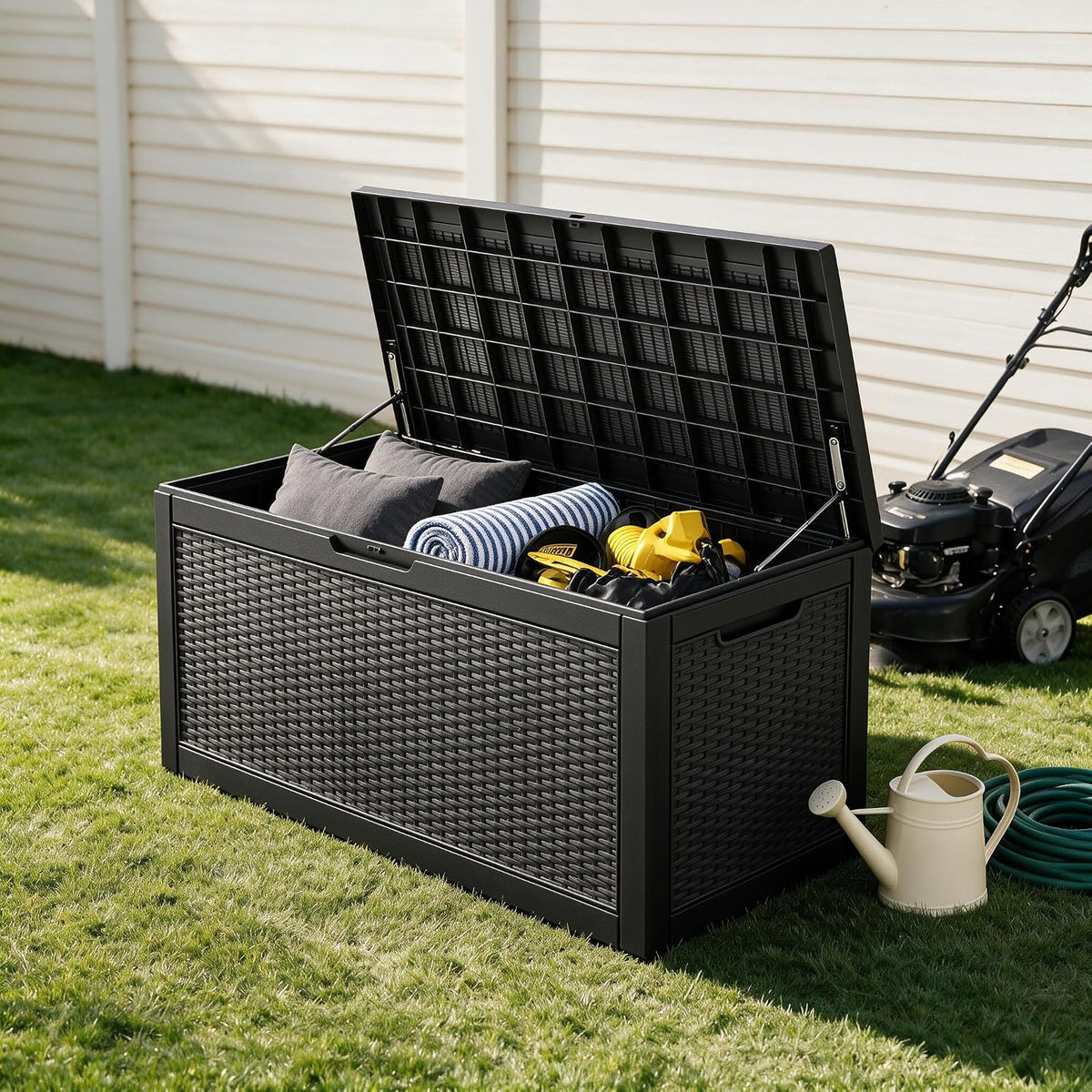 120 gallon deck box,lockable outdoor storage box gas shown in use