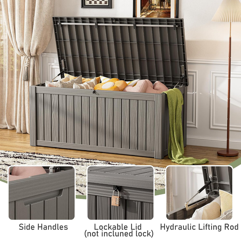 resin outdoor deck storage box waterproof (grey, 150 shown in use