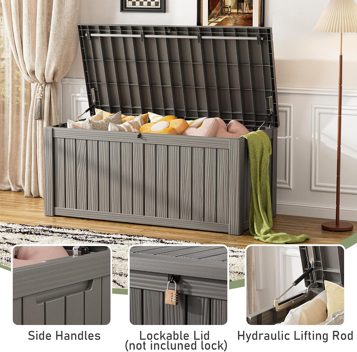 resin outdoor deck storage box waterproof (grey, 150 shown in use