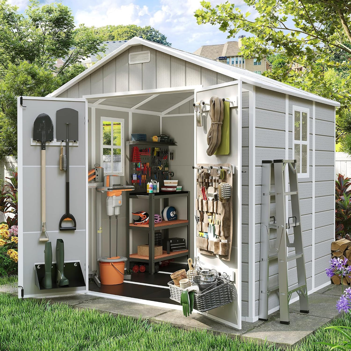 Amopatio 8x6 FT Storage Shed with Floor Included, Sandstone