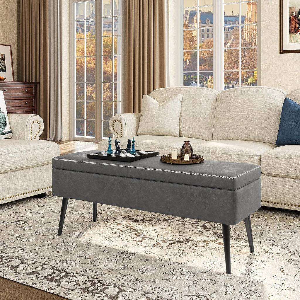 IDEALHOUSE Storage Ottoman Bench, Ottoman Foot Rest, Mid-Century Modern, Stitching and Synthetic Leather, Dual Safety Hinges, 670 LBS Load, End of Bed Bench for Bedroom, Living Room, Entryway, Grey