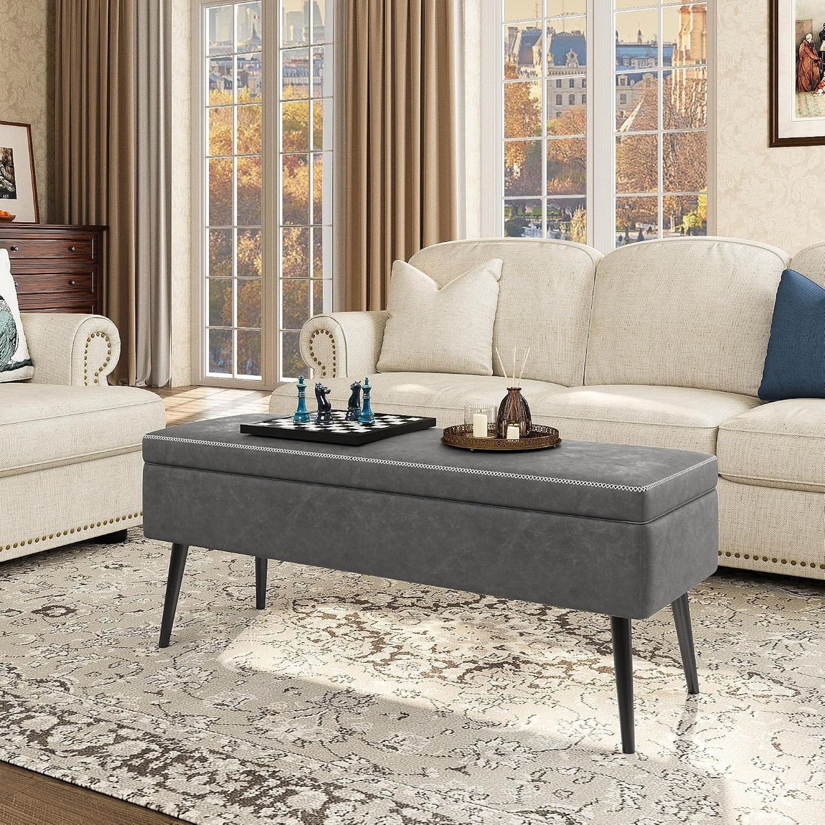 IDEALHOUSE Storage Ottoman Bench, Ottoman Foot Rest, Mid-Century Modern, Stitching and Synthetic Leather, Dual Safety Hinges, 670 LBS Load, End of Bed Bench for Bedroom, Living Room, Entryway, Grey