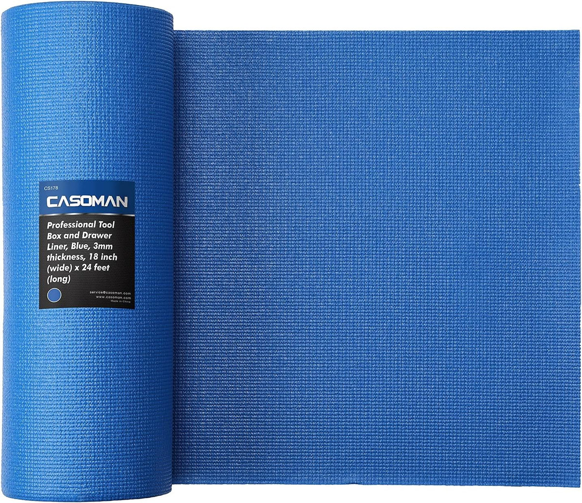 CASOMAN Professional Tool Box and Drawer Liner, Blue, Easy Cut Non-Slip Foam Rubber Toolbox Drawer Liner Mat - Adjustable Thick Cabinet Liners, 18inch (Wide) X 24feet (Long)