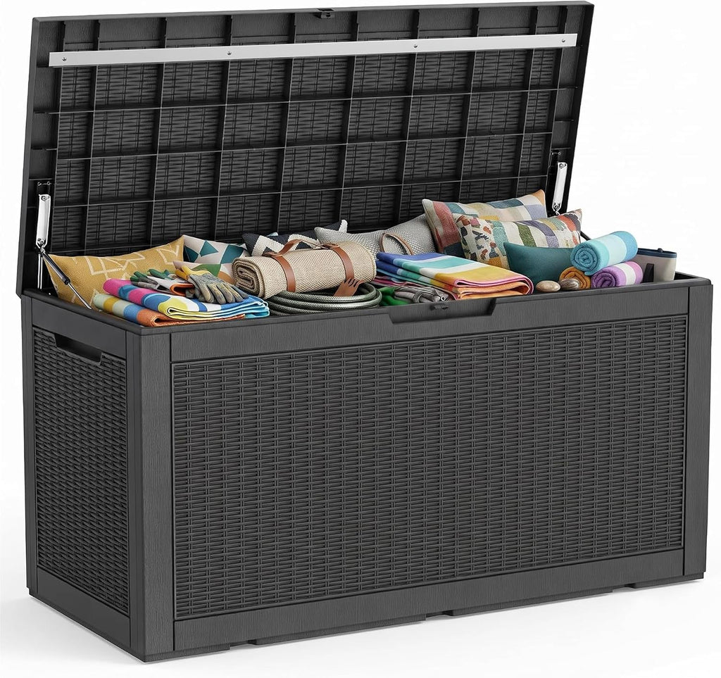 PatioZen 150 Gallon Resin Deck Box, Lockable Patio Outdoor Storage Box for Furniture, Garden Tools and Tools Storage, Waterproof Outside Storage Boxes - Black
