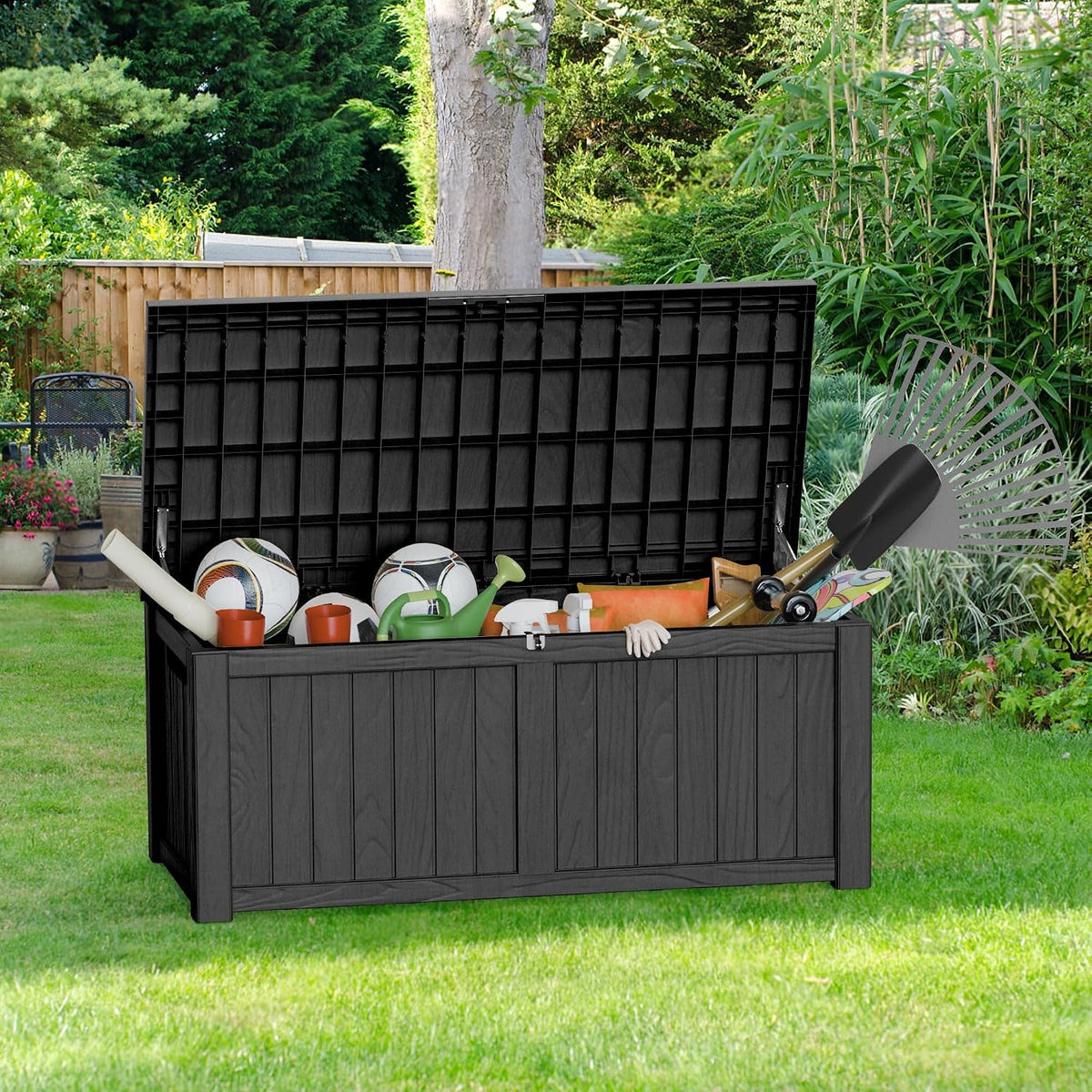 150 gallon outdoor storage box, large storage deck showing dimensions
