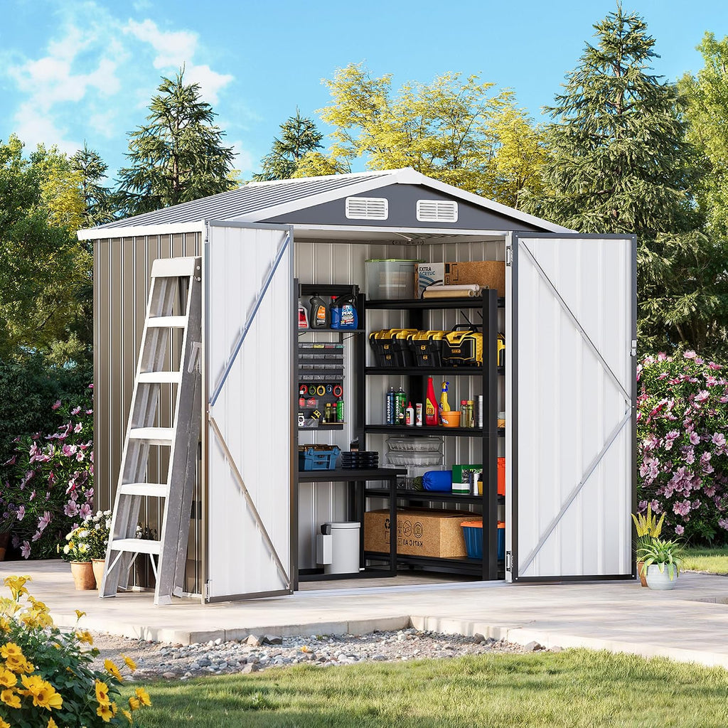 MXV 6x4 FT Outdoor Metal Storage Shed, Lockable Galvanized Steel Tool House with Sloped Roof, Waterproof Shed for Backyard, Garden, Patio, Black
