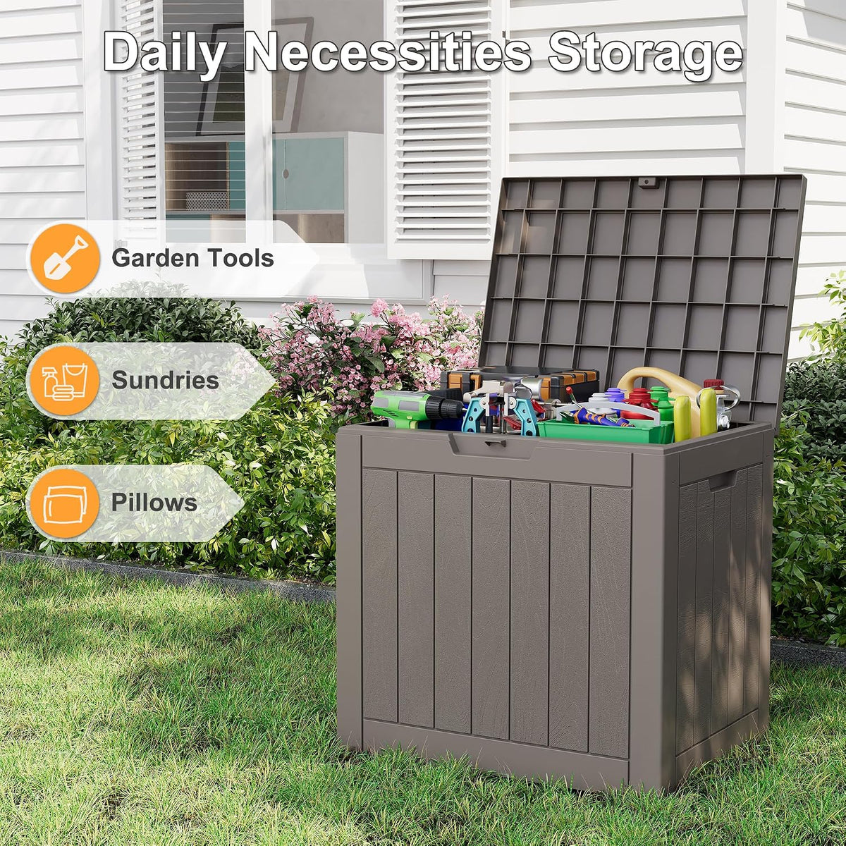 kamaboko outdoor storage box, 32 gal deck box showing dimensions