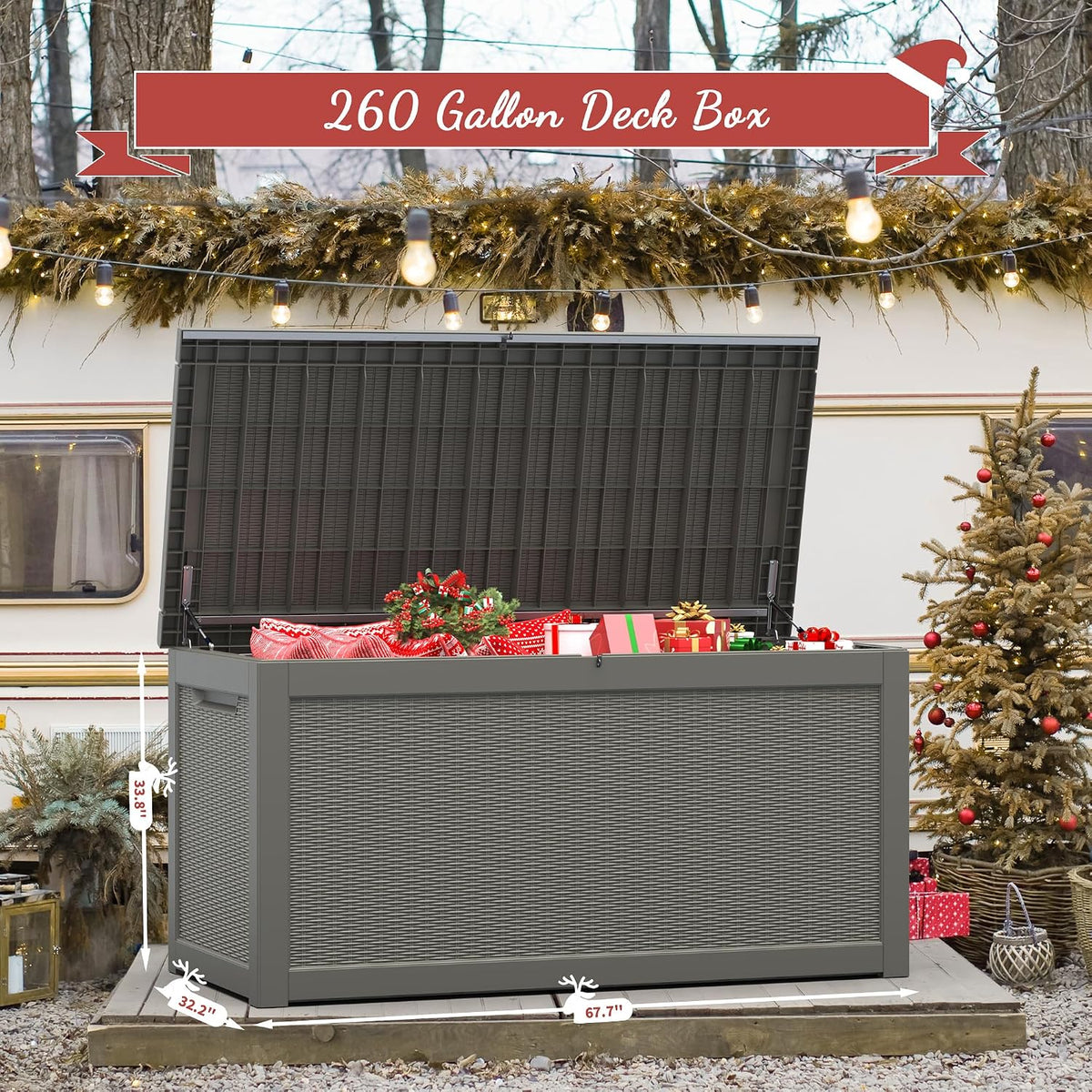 300 gal deck box, outdoor storage box waterproof shown in use