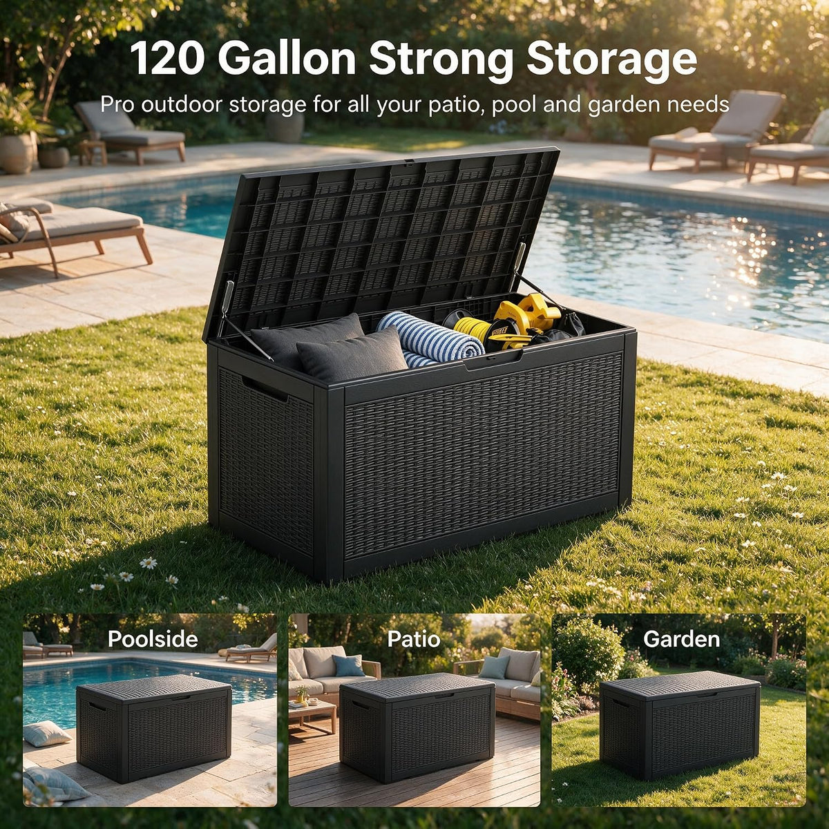 120 gallon deck box,lockable outdoor storage box gas on a desk or shelf