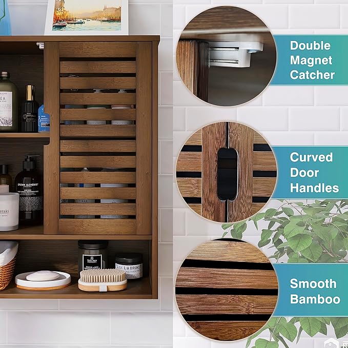 SMIBUY Bathroom Cabinet Wall Mounted, Bamboo Over-The-Toilet Storage Organizer