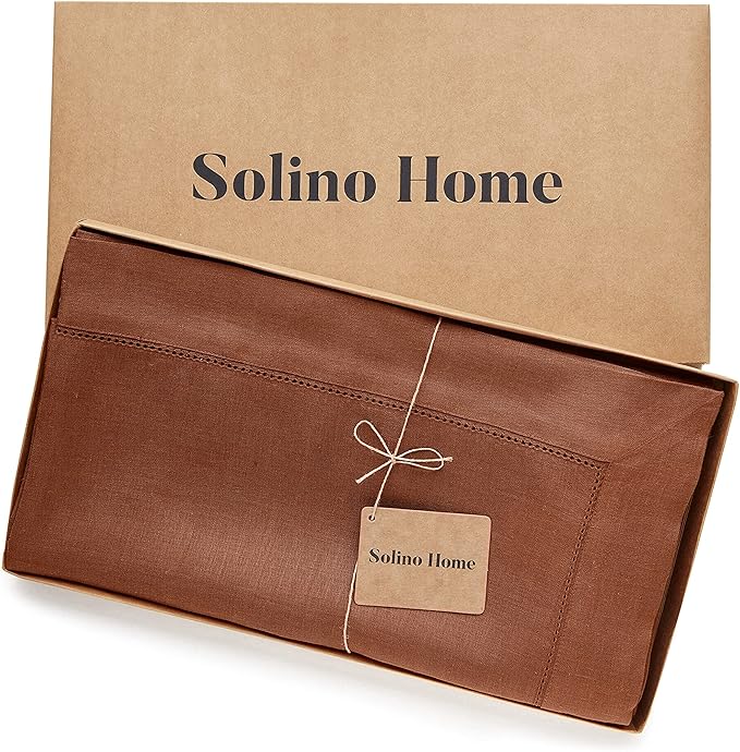 Solino Home Linen Cinnamon Tablecloth 60 x 120 Inch - Classic Hemstitch, 100% Pure Linen Rectangular Tablecloth - Machine Washable Table Cloth for Fall, Autumn, Halloween, Thanksgiving