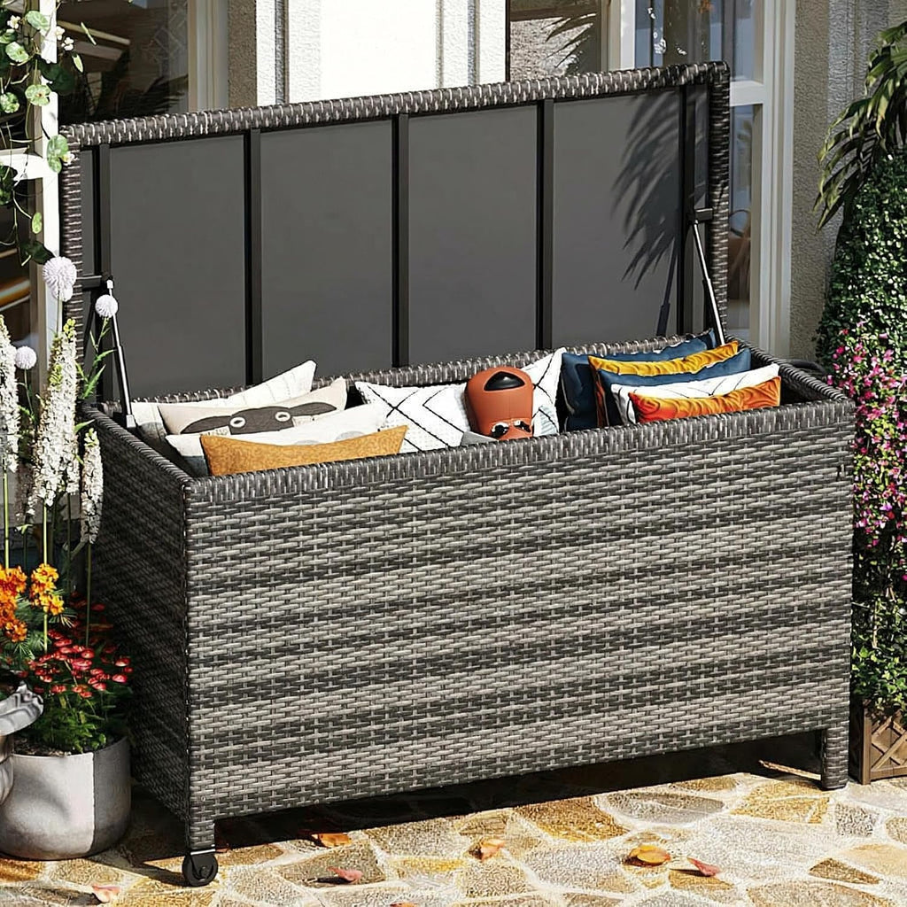 Wicker Deck Box, 185 Gallon All-Weather Outdoor Storage Box - Grey