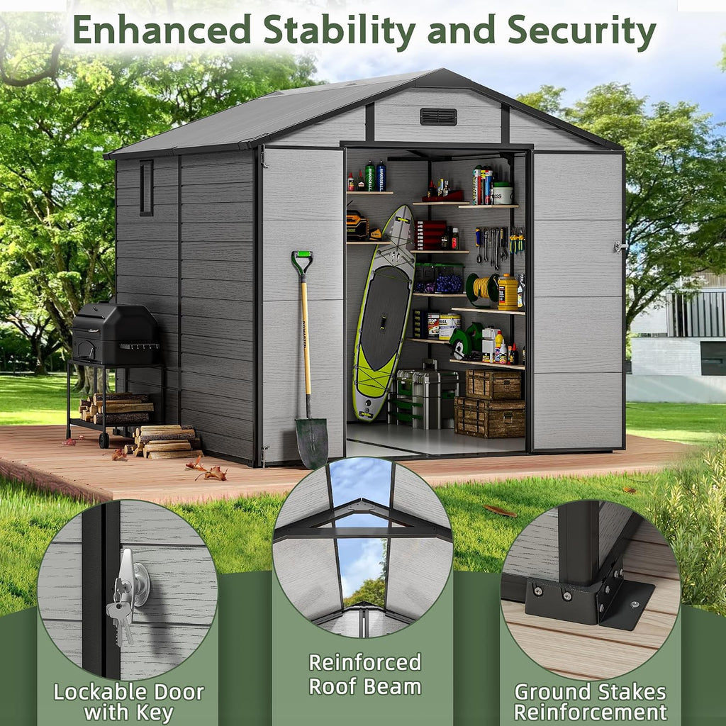 8x8 FT Resin Shed with Floor & Skylight, Weather & UV Resistant Sheds