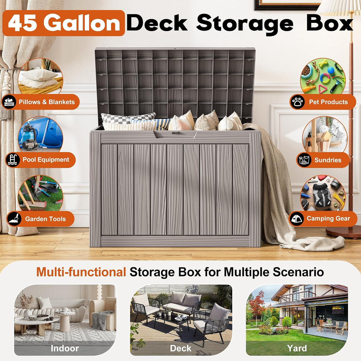 waterproof outdoor storage box, resin patio bin,50 gal,grey, close-up detail