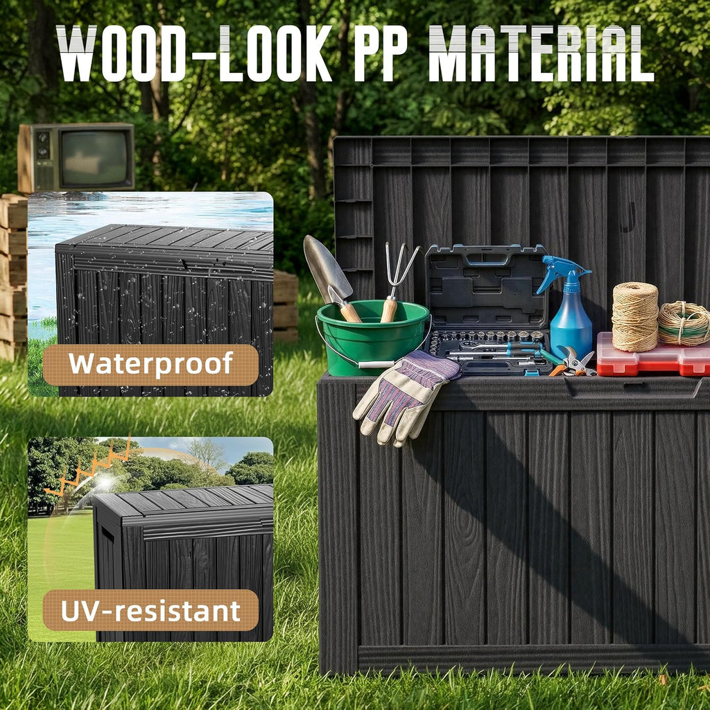 drato 100 gallon waterproof deck box outdoor storage on a desk or shelf