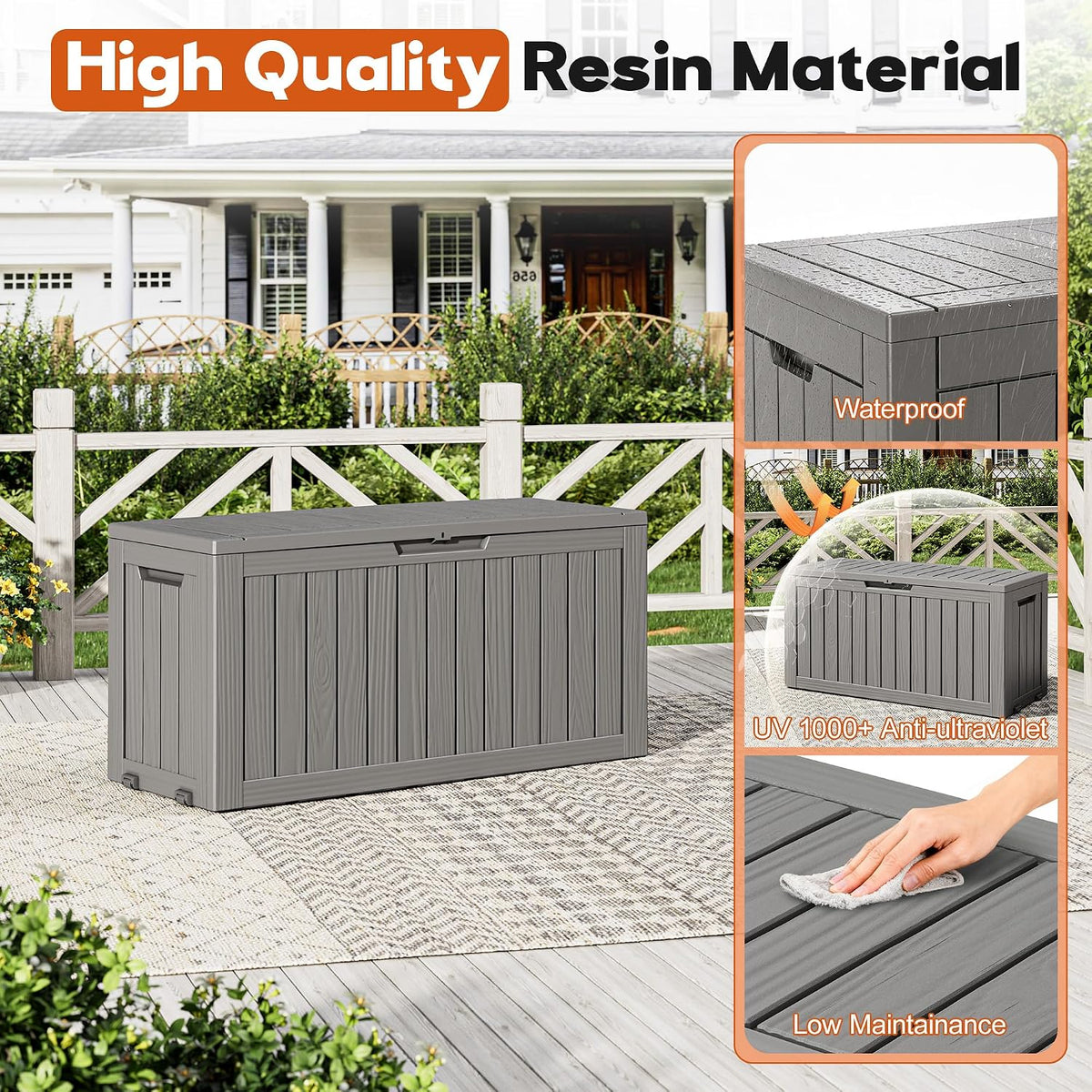 outdoor deck storage castored box,waterproof,grey,85 gallon, side view