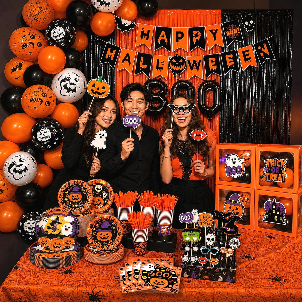 UJoyant 323PCS Halloween Party Decorations Set for 25 Guests, Orange Purple Tableware, 4 Balloon Boxes with 12 Custom-Designed Halloween Panels, Backdrop, Balloons and Photo Booth Props
