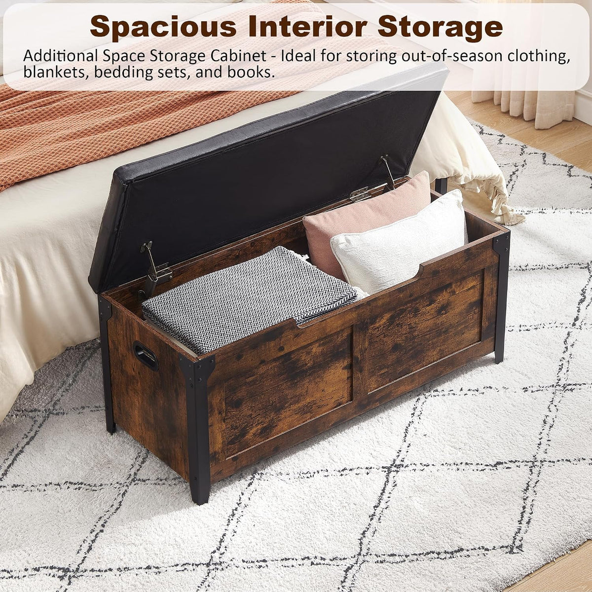 idealhouse 39.4" storage bench with 2 safety hinges, side view