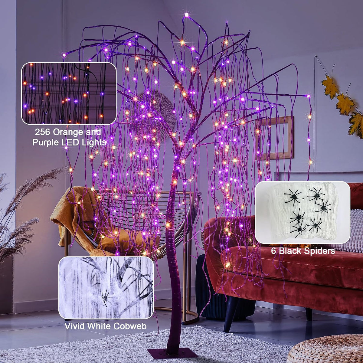 7 FT Halloween Lighted Willow Tree 256 LED Orange and Purple Lights Artificial Weeping Willow Tree with 6 Spiders Outdoor Indoor Decoration Christmas Festival Party Home Decor