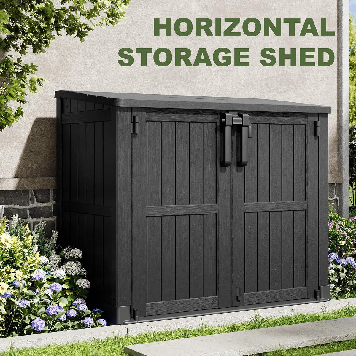 plastic outdoor storage shed, 37 cu ft weatherproof, side view