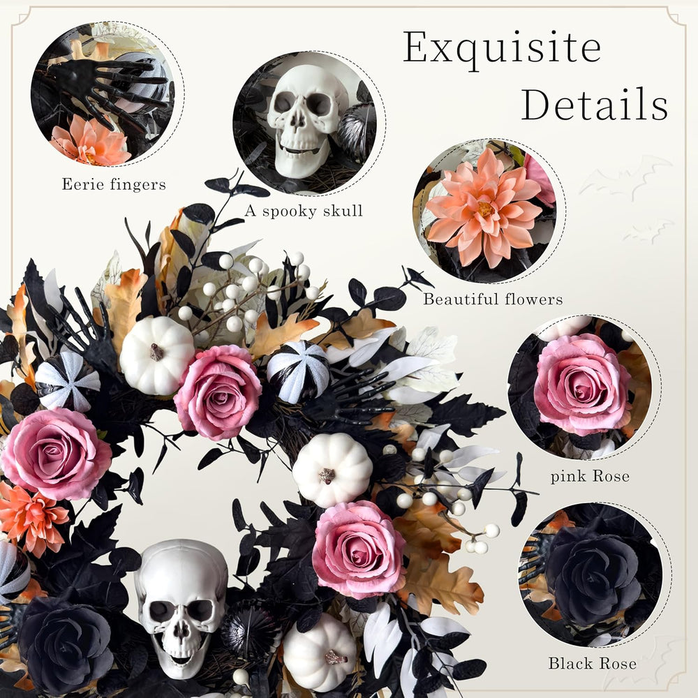 24'' Halloween Wreath for Front Door with Lights, Skeleton Skull