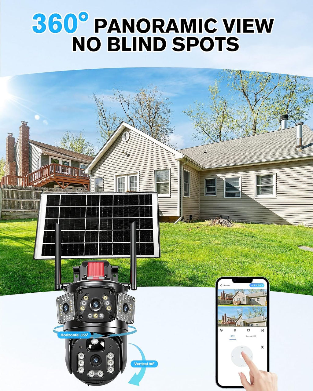 KEPEAK Solar Security Camera Outdoor Wireless, Dual Lens PTZ WiFi Camera 2.4G, IP66 Outdoor Camera with Three-View Display, Color Night Vision, Human Detection