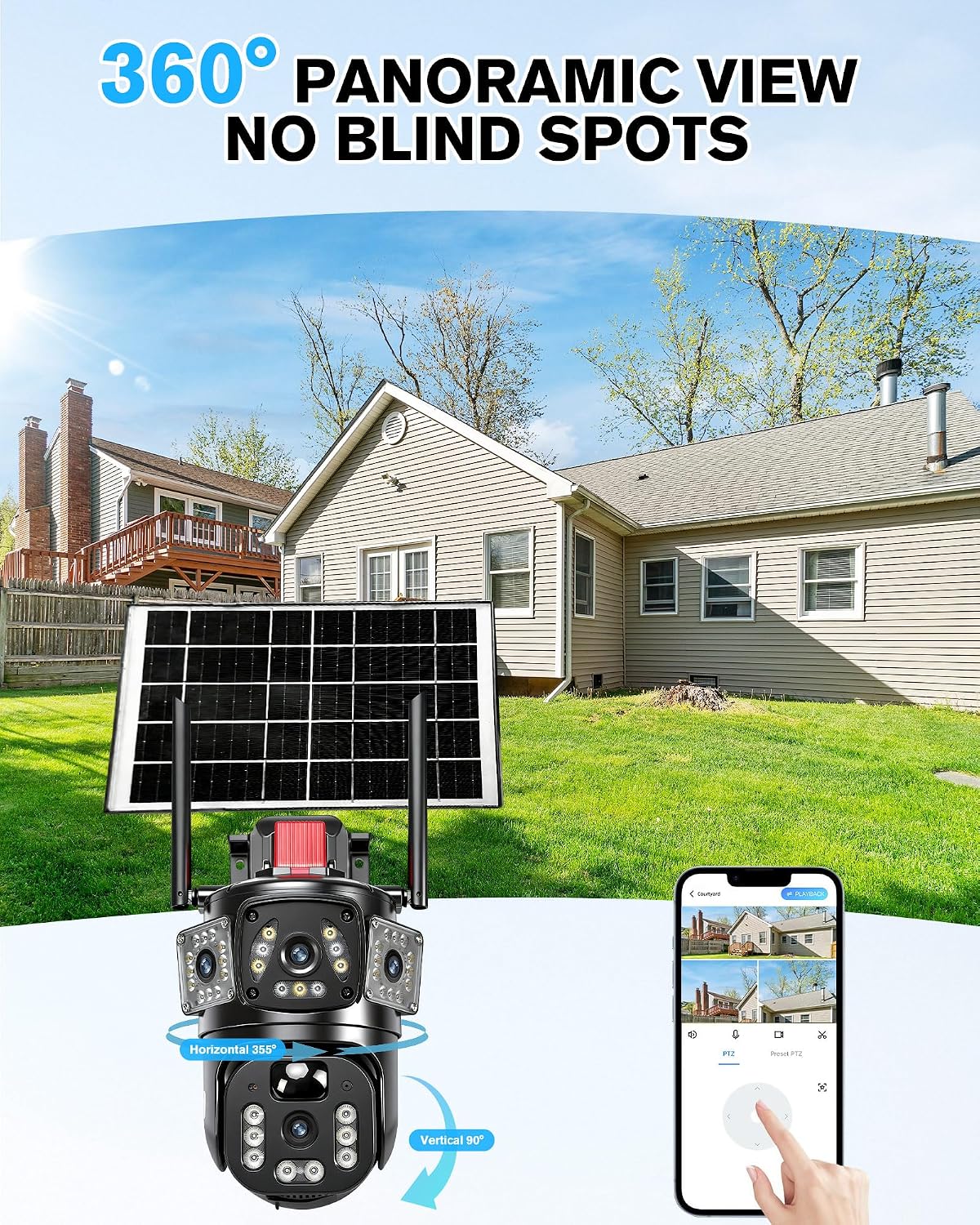 KEPEAK Solar Security Camera Outdoor Wireless, Dual Lens PTZ WiFi Camera 2.4G, IP66 Outdoor Camera with Three-View Display, Color Night Vision, Human Detection