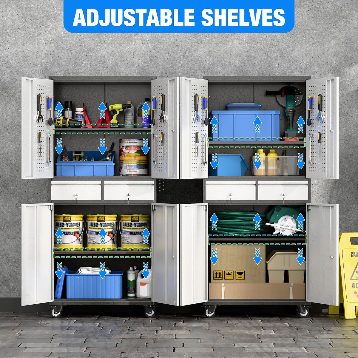 aobabo metal garage cabinet with 2 drawers, wheels showing dimensions