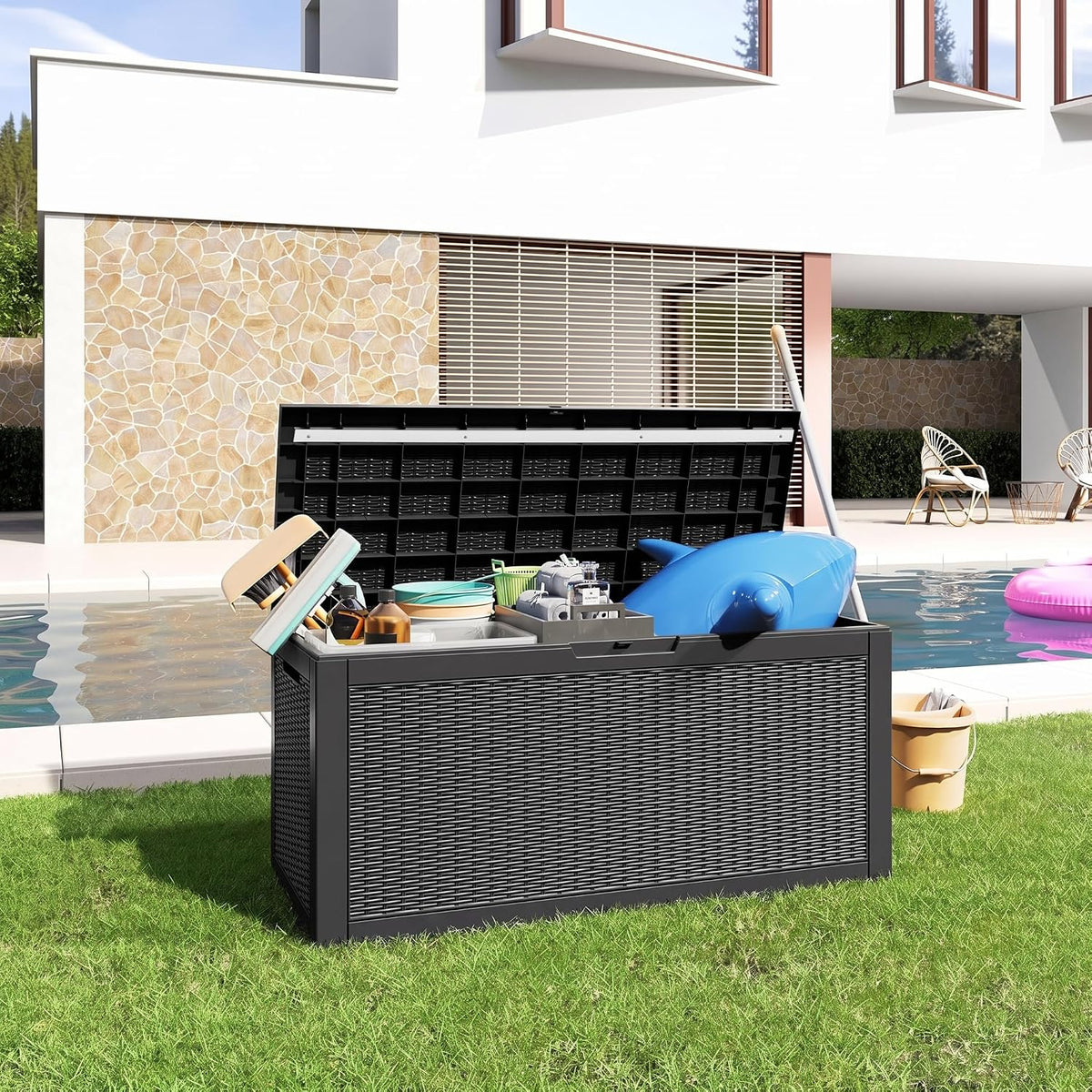 rojik 150 gallon waterproof outdoor deck storage box showing dimensions