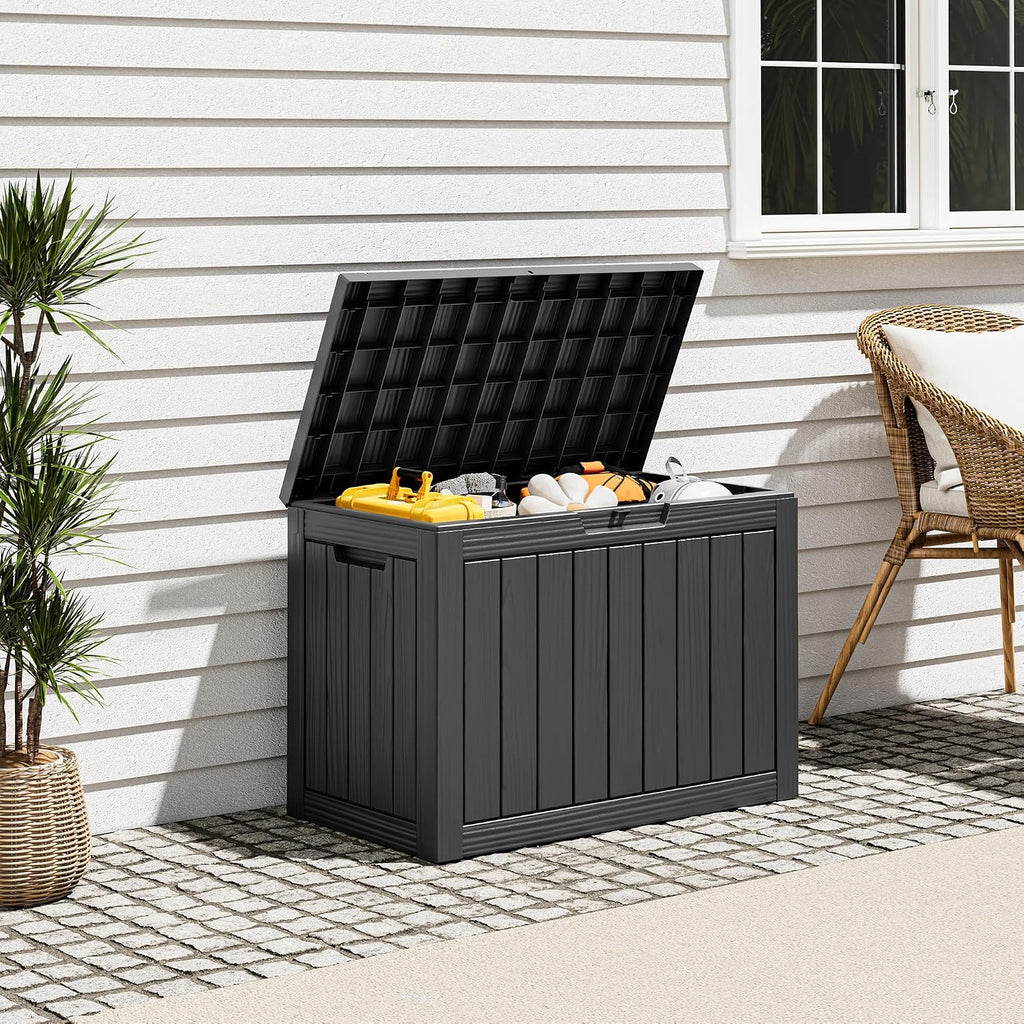 waterproof outdoor storage box, resin patio bin,45 gal,black showing dimensions