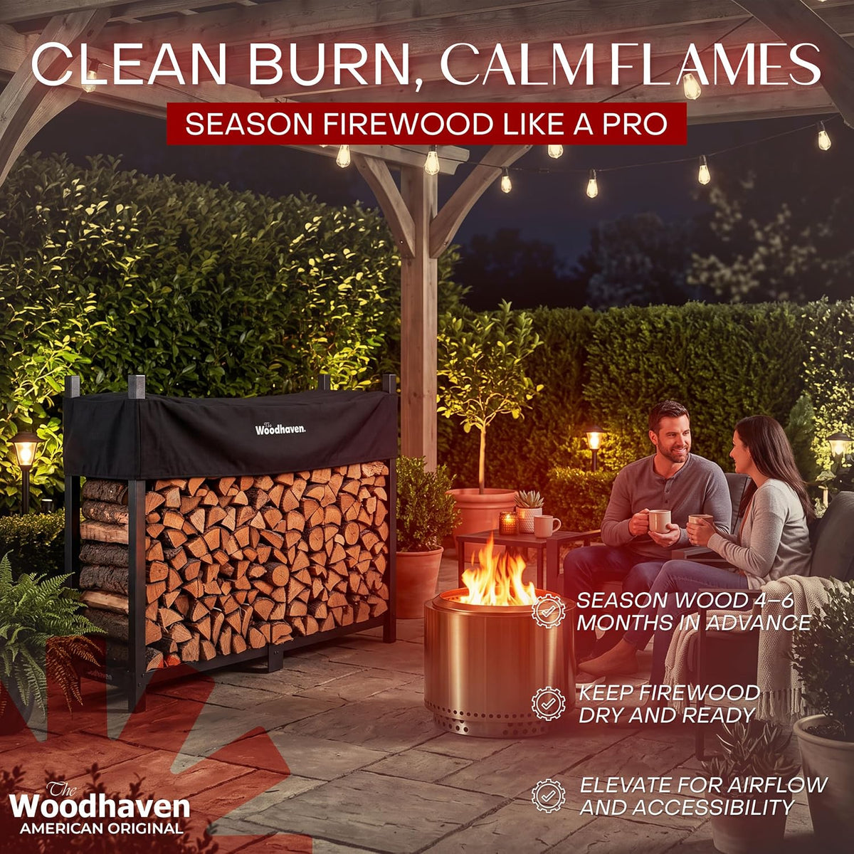 woodhaven 6-foot raised firewood rack black w/cover, 1/3 showing dimensions