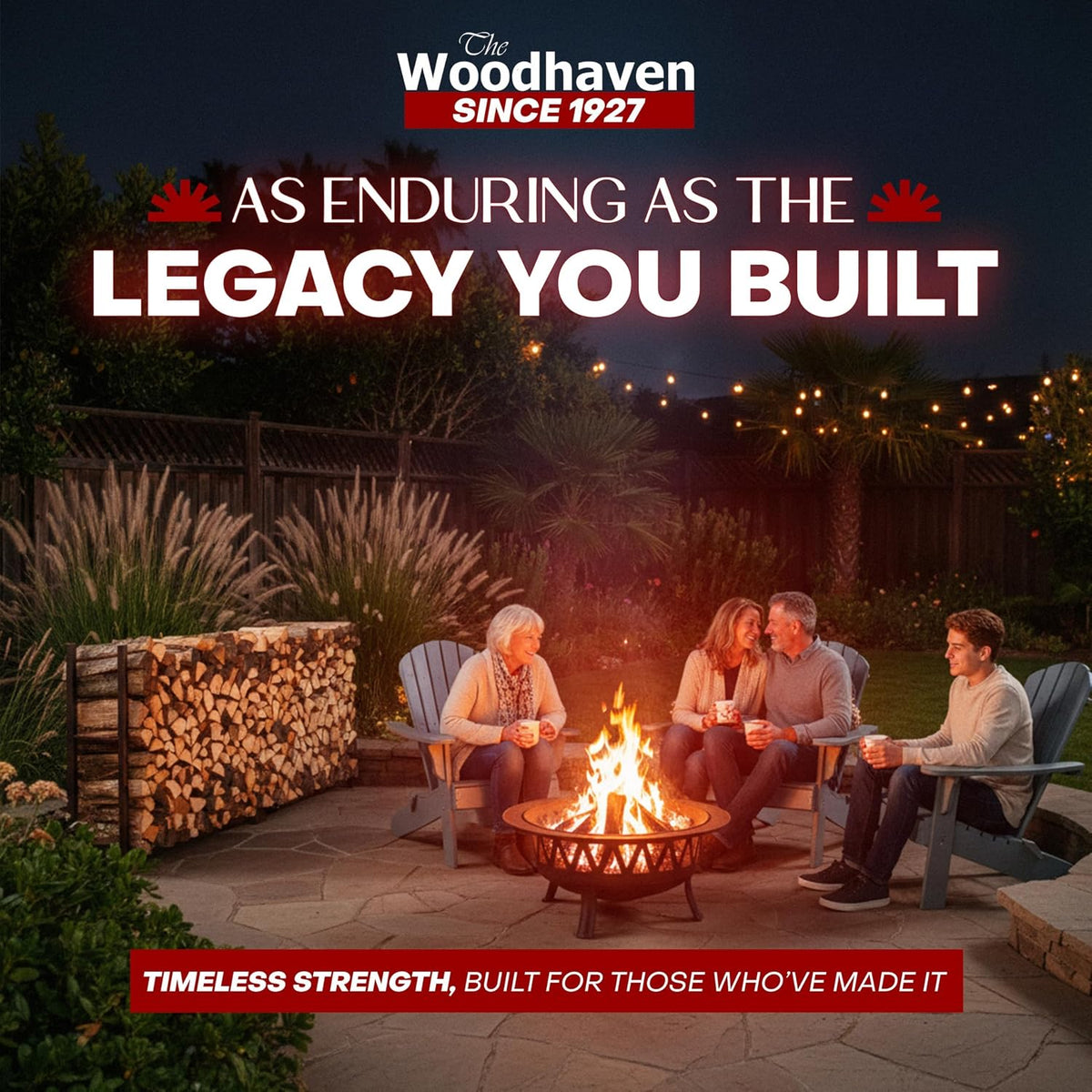 woodhaven 8-ft raised firewood rack brown, 1/2 cord shown in use