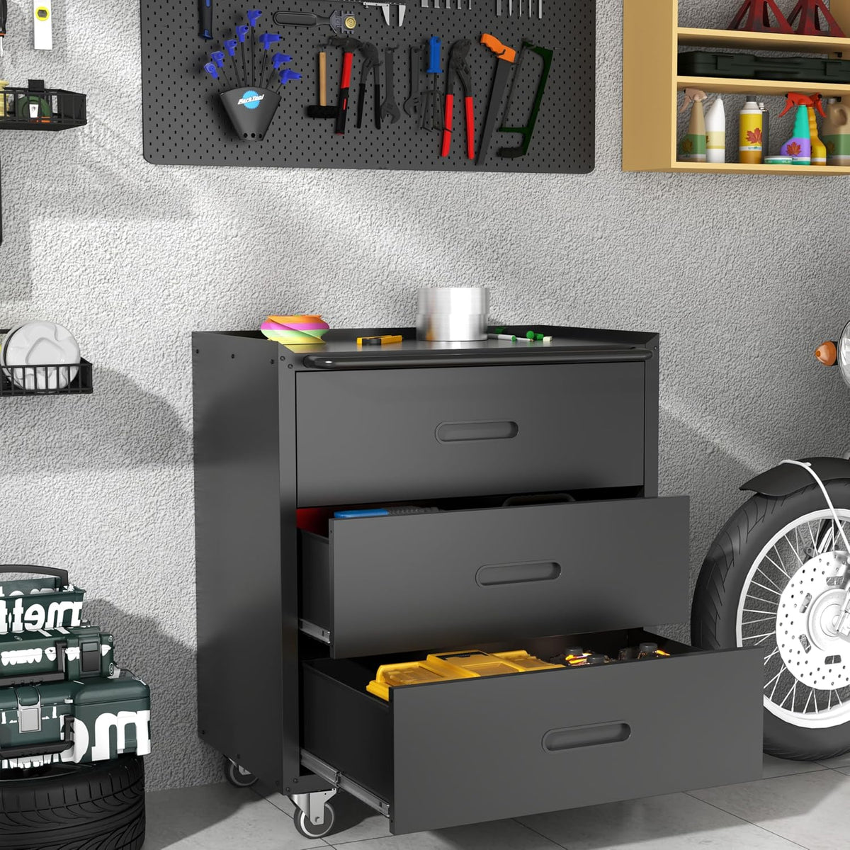 Mobile Garage Tool Storage Cabinet with 3 Drawers,Black Rolling Cabinet
