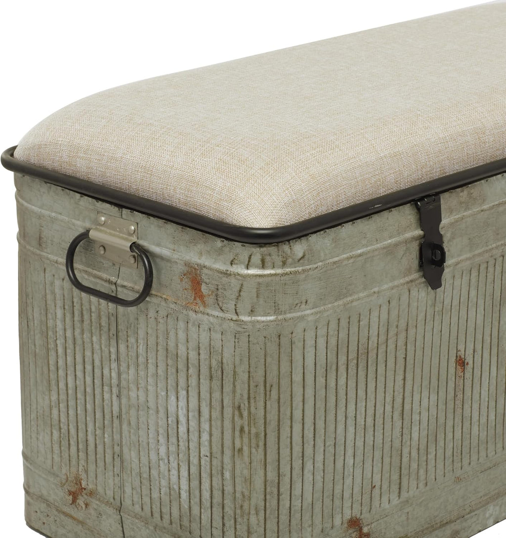 Deco 79 Metal Room Storage Bench Galvanized Entryway Bench with Cream Burlap Top and Black Latches, Bench 38" x 16" x 19", Gray